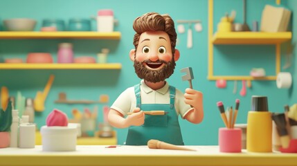 A cheerful craftsman in a colorful workshop holding tools and surrounded by art supplies.
