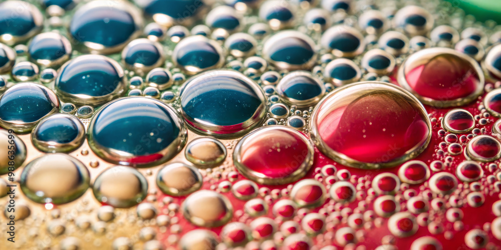 Poster vibrant droplets of liquid in varying colors lay on a textured surface, creating an intriguing abstr