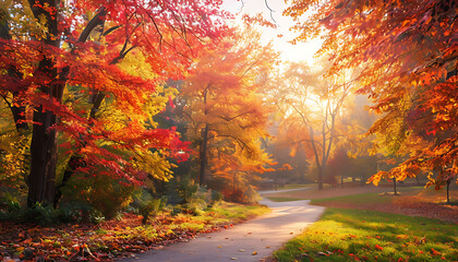 Autumn serenity - A walk through nature. Vibrant fall foliage in a serene park