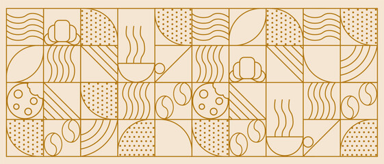 Abstract coffee modern line geometric pattern. Hand drawn illustration for Bakery and Coffee shop. Icons. Coffee bean, cup of coffee, dish, cookie and croissant. Abstract geometric line background. 