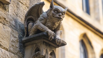 An ornate gothic gargoyle with winged details on the facade of a stunning ancient architecture