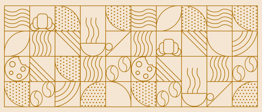 Abstract coffee modern line geometric pattern. Hand drawn illustration for Bakery and Coffee shop. Icons. Coffee bean, cup of coffee, dish, cookie and croissant. Abstract geometric line background. 