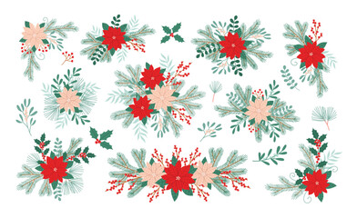 Christmas decorative bouquets set. Winter holiday flowers, plants and berries. Flat vector illustrations collection isolated on white background