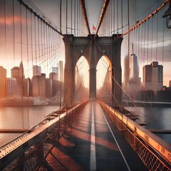The Brooklyn Bridge at dawn, with soft sunlight glinting off the bridge cables, and the Manhattan skyline in the background.