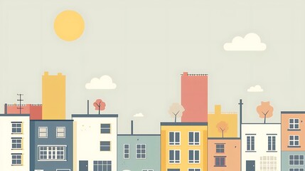 Minimalist Cityscape Illustration with Colorful Buildings and Sun