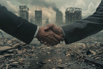 ai generative businessman shaking hands with destroyed city background