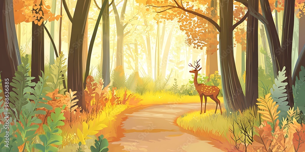 Sticker Autumn Forest Path With Deer