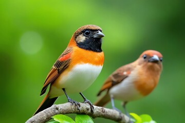 A vibrant photo of two beautiful birds perched on a branch, surrounded by lush greenery in nature.