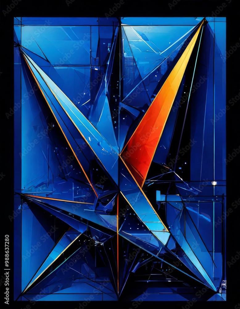 Poster a striking abstract composition featuring sharp, star-like geometric shapes in bold blue tones, acce