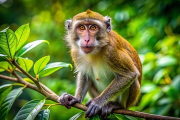 Fototapeta premium Perched on a tree branch, a curious long-tailed macaque is surrounded by lush green foliage, embodying the vibrant