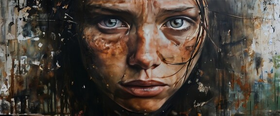 A striking close-up portrait of a woman with intense, deep eyes and textured, weathered skin. The raw emotion conveyed through her expression creates a powerful and dramatic mood, ideal for creative