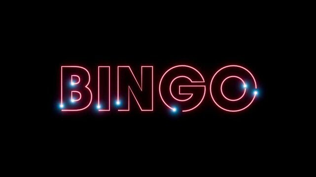 Bingo, text revealing animation, illuminated in red and blue. Winning, casino, gambling, roulette, games, lottery.