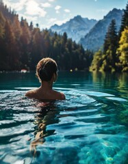 Fototapeta premium A serene scene of a woman swimming in a clear mountain lake, surrounded by majestic green trees and distant peaks. The calm water and stunning natural beauty create a peaceful and relaxing mood, ideal