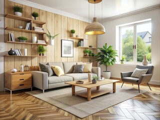 Fototapeta premium Plywood furniture pieces in a natural finish bring an organic touch to the space, while a geometric-shaped area