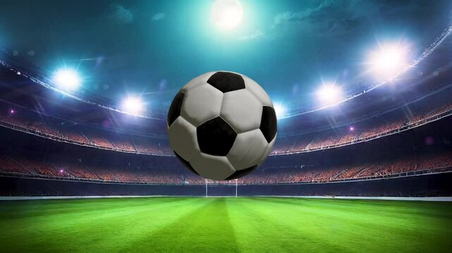 Stadium lights at night, green field with 3D soccer ball rotating in the middle - soccer football 4K Animation