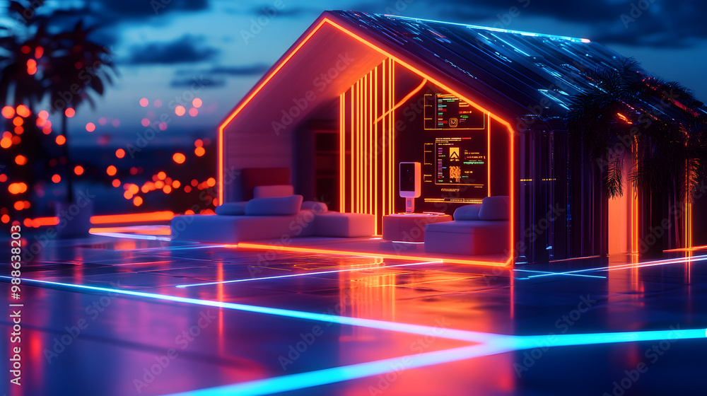 Poster a futuristic ai-powered home automation system with voice control and real-time adjustments set in a