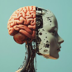 Futuristic humanoid robot head with visible brain and mechanical components on a colorful background.