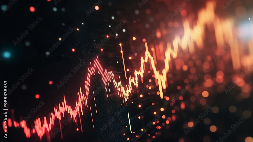 Poster dynamic data visualization showing a bright line graph with fluctuating peaks and valleys illuminate