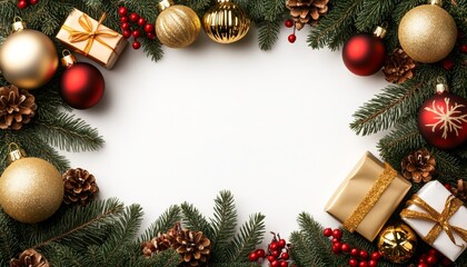 Christmas Greeting Card With Decorations, Gifts, Fir Tree Branch On White Background, Copy Space