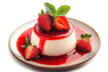 Panna cotta with strawberry coulis and fresh strawberry on wooden table. Italian dessert. isolated on white