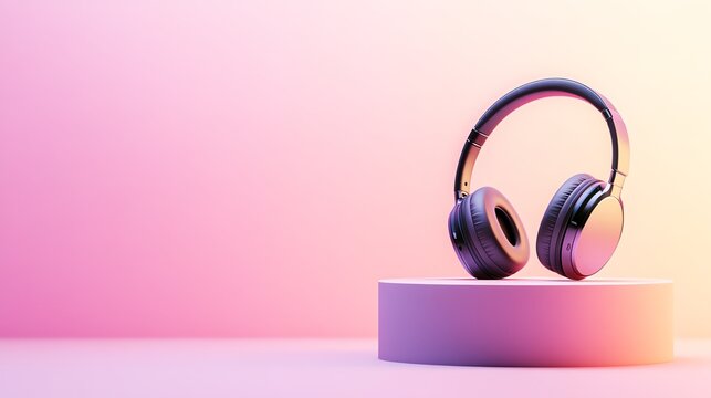 Stylish headphones on a podium with a vibrant pink background, ideal for music lovers and tech enthusiasts.