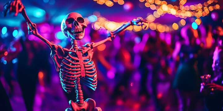 Skeleton dancing at a disco party, copyspace, Halloween, Day of the Dead, humor