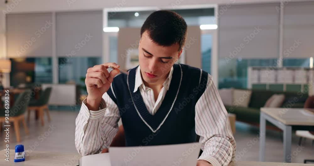 Poster education, man and thinking in online course for portrait, elearning and studying at desk. male stud