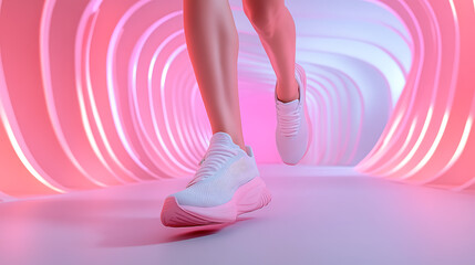 Running in stylish pink sneakers through a futuristic tunnel