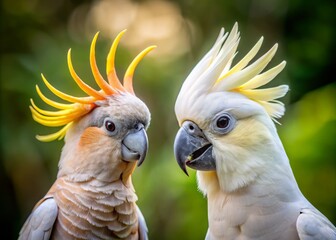Side by side, the cockatoo's broad wings and crest evoke a sense of power, while the cockatiel's smaller
