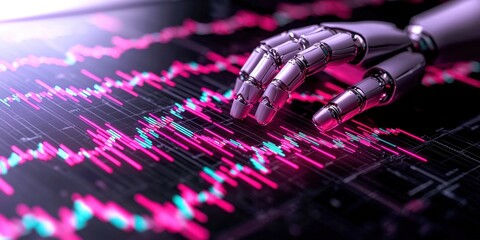 Futuristic robotic hand interacts with digital data on a glowing monitor displaying statistics.