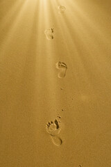 Footprints in the sand walking forward into a sunbeam.