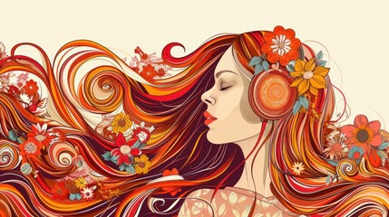 A vibrant illustration of a woman with flowing multicolored hair, adorned with flowers and wearing headphones, set against a soft beige background