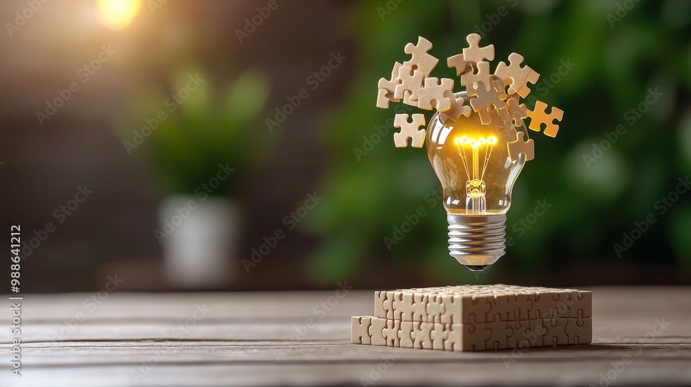 Poster a light bulb surrounded by puzzle pieces symbolizes creativity and innovation in problem-solving and