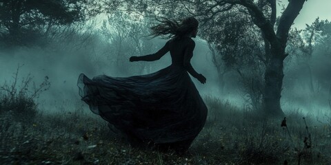 Obraz premium Ethereal Dance in a Misty Landscape: Embrace the Mystique of Nature's Haunting Beauty
