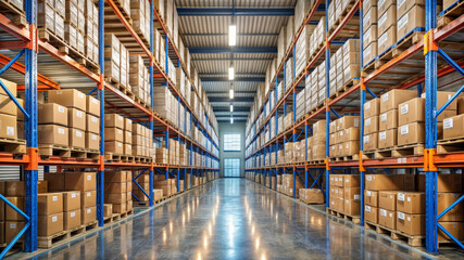 The warehouse showcases an impressive arrangement of tall shelves lined with cardboard boxes