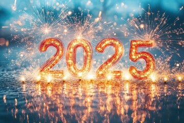 Happy New Year "2025". Beautiful creative holiday web banner or flyer with red fireworks and Golden sparkling number "2025" on blue sky over water wuith generative ai