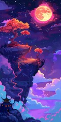 Obraz premium Fantasy Landscape with Red Moon and Clouds