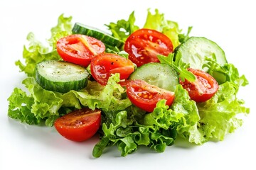 A fresh, colorful vegetable salad featuring crisp lettuce, juicy tomatoes, and sliced cucumbers, lightly seasoned and isolated on a clean white background.