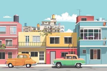 Obraz premium Colorful Cityscape with Two Retro Cars and a Blue Sky
