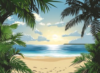 Obraz premium Tropical Beach Sunset View Through Palm Trees