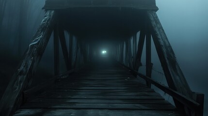 Eerie Wooden Bridge Crossing the Misty Abyss