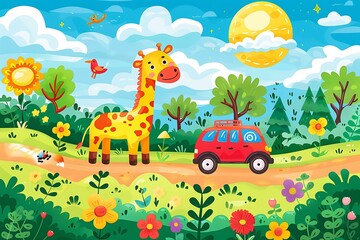 Cartoon Illustration Of Giraffe And Car In A Summer Forest