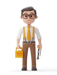 A cheerful cartoon character dressed for work, holding tools and a briefcase.