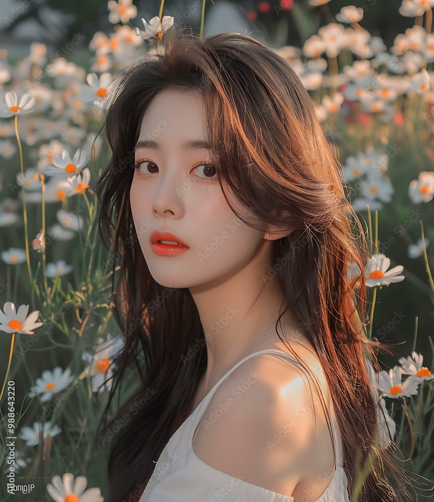 Wall mural Young Woman with Long Brown Hair Posing in a Field of White Flowers