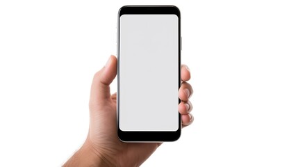 hand holding modern smart phone mockup..copy space white screen