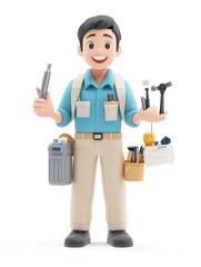A cheerful maintenance worker holding tools and equipment for repairs and maintenance tasks.
