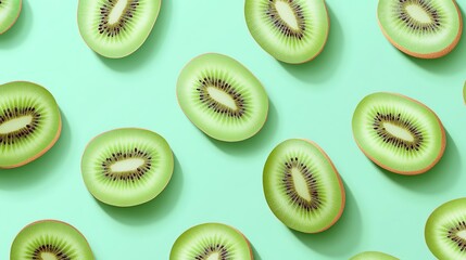 Fototapeta premium Fresh kiwi slices arranged on a mint green background creating a vibrant and refreshing visual perfect for food presentations.