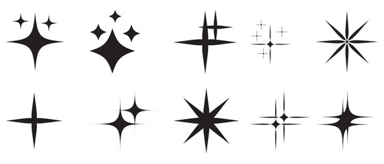 Minimalist twinkle star shape symbols. Shining star icons, abstract sparkle black silhouettes. Modern geometric elements, shining star icon set. Set of twinkling star vector.