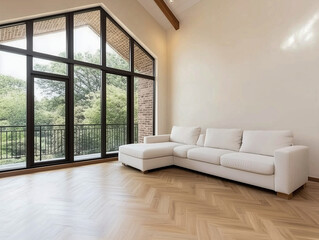 Fototapeta premium Spacious living room interior with brick wall 