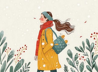 Winter Girl Walking in the Snow with a Backpack